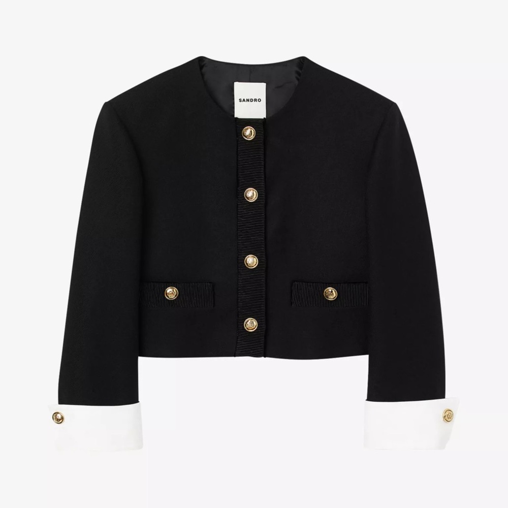 NWT Sandro Chama contrast-cuff cropped wool jacket